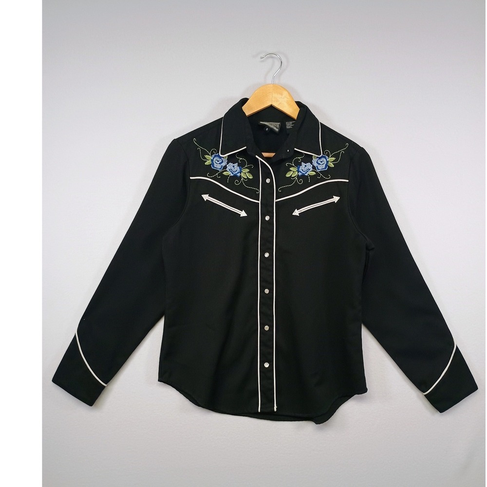 Western Cowgirl VTG Roughrider by Circle T Women Sm Blk Floral Embroidered Shirt